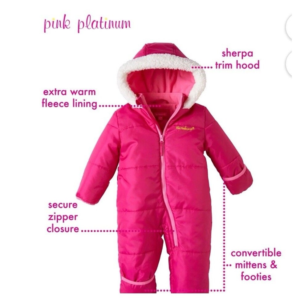 NWT Pink Platinum Baby Girls' One-Piece Puffer Winter Snowsuit with Hood 3-6 Mo